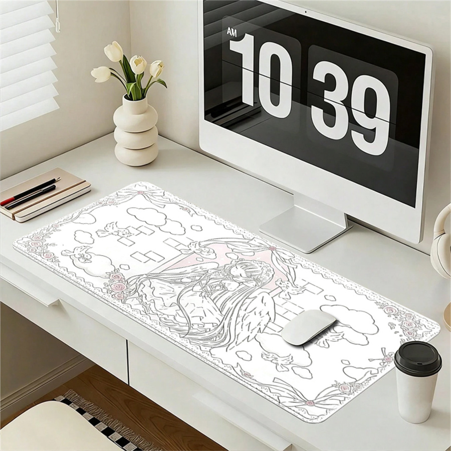 Leather Desk Pad - Leder-Mauspad, Schreibtischteppich mit Engel-Mädchen-Motiv, Vintage-Anime-Mauspad in